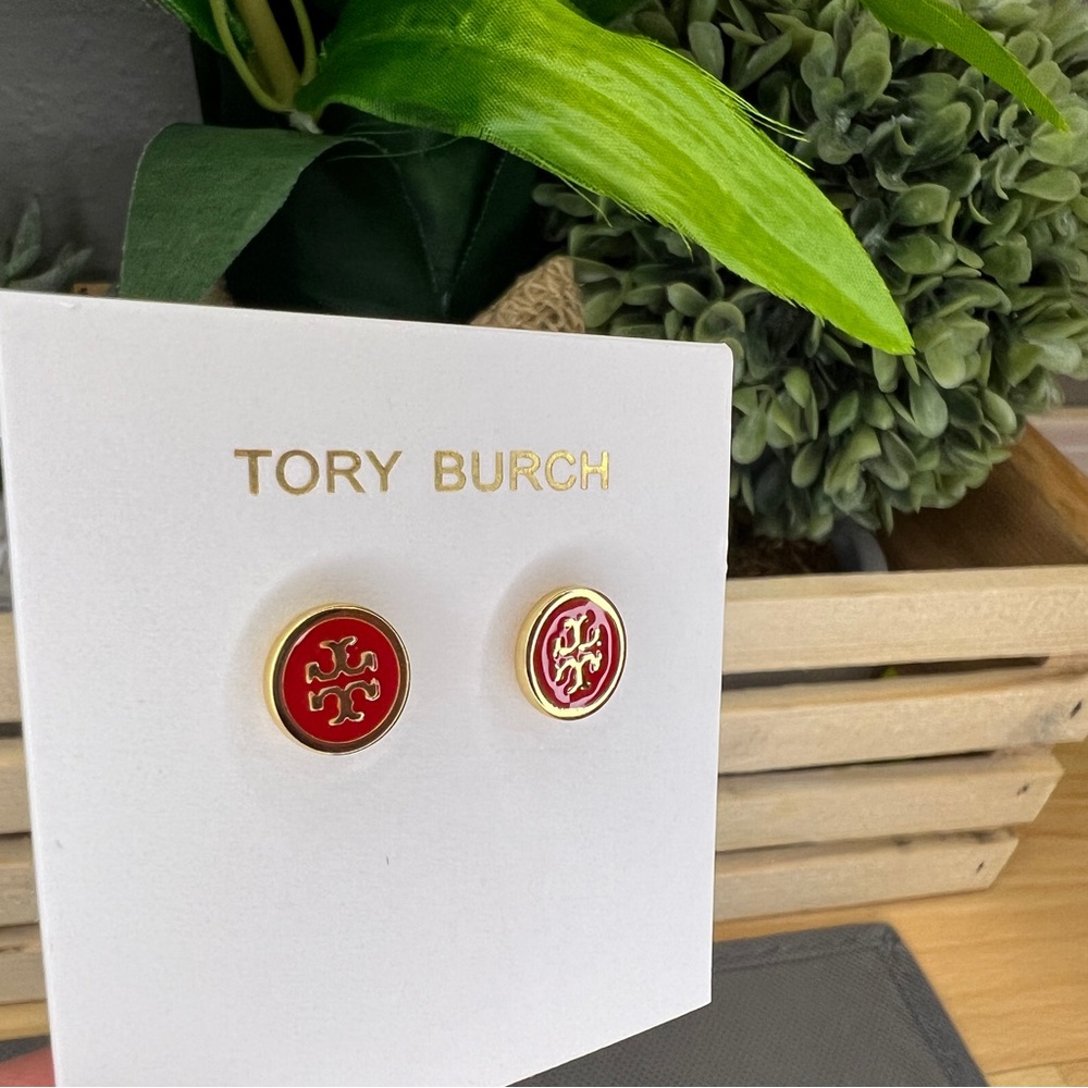 Tory Burch Kira Enamel Red/Gold Stud Earrings - Picture 2 of 4